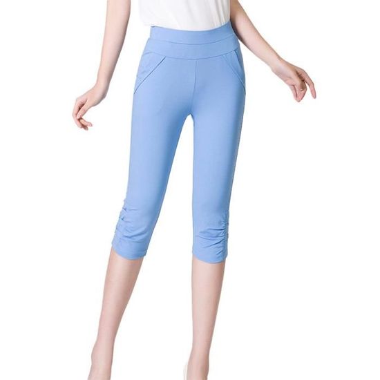 Pantacourt Femme Slim Fit Taille Haute Pantalon Court Ete Stretch Couleur Unie Tissu Confortable - Yellow Yellow - Prêt-à-Porter