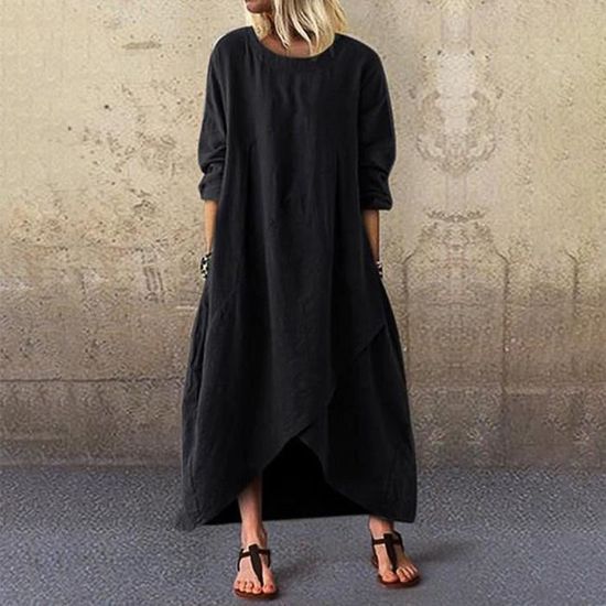 Robes Décontractées Basiques Pour Femme Robe Longue Vintage Été Couleur Unie Col Rond Manches 3/4 Robe Longue Ample Avec Boutons Latéraux Grande Taille Du 12,66 € | DHgate