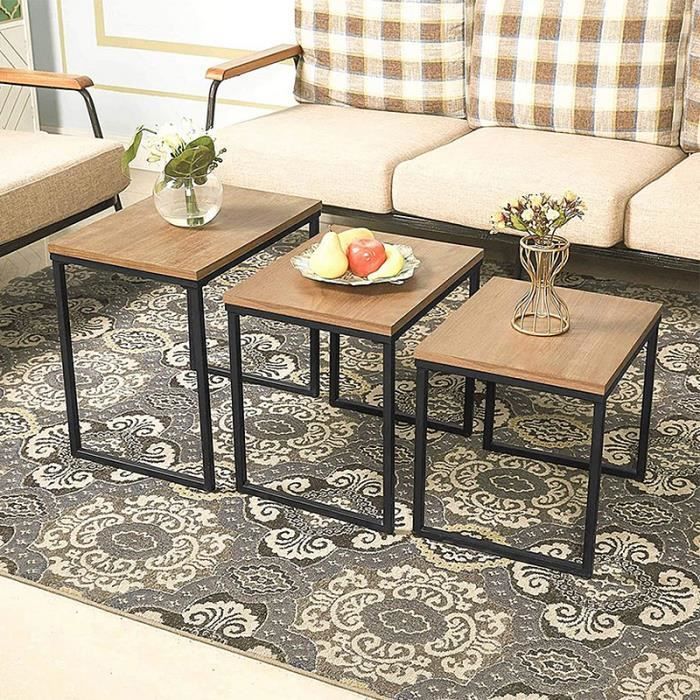 Lot de 3 Table Basse Gigognes Plateau Bois Noyer Pieds Métal Noir,Style Industriel Vintage