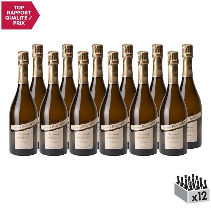Crémant de Bourgogne Les Reipes Chardonnay Extra Brut Blanc - Lot de 12x75cl - Louis Picamelot - Vin effervescent AOC Blanc de
