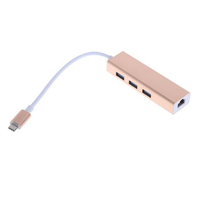 Adaptateur USB type-C Hub Type-C à 3 ports USB 3.0 Adaptateur Ethernet RJ45 Convertisseur USB C Hub (or)