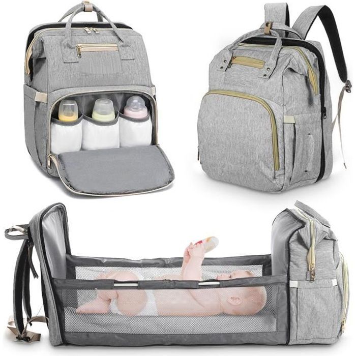 Sac à Dos à Langer avec Lit à Langer Lit Pliant Portable Convertible Multifonction pour Bébé -GRIS