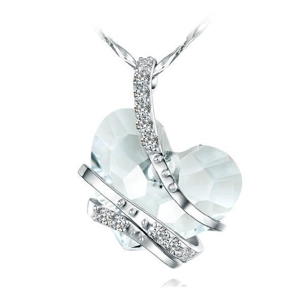 Pendentif Coeur en Cristal de Swarovski Elements Blanc et Plaqué Rhodium