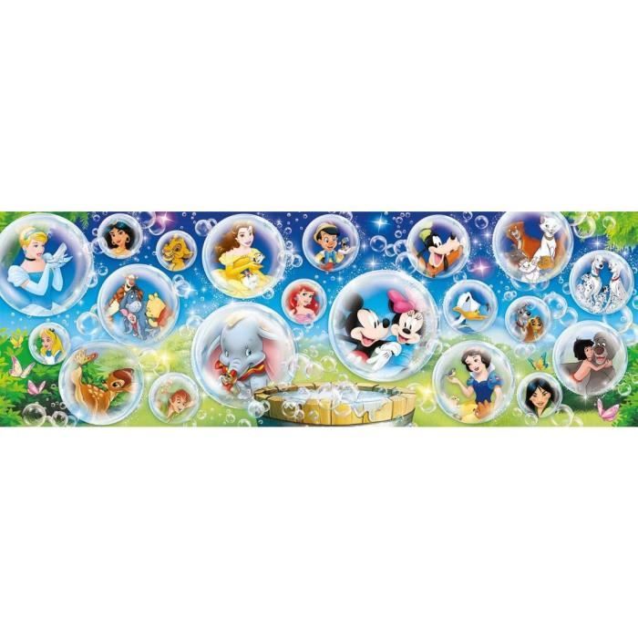 Puzzle Panorama Disney 1000 Pieces Nos Heros Disney Dans Les Bulles De Savon Promenade - Roi Lion Mickey Bambi Peter Pan 101 Dalma