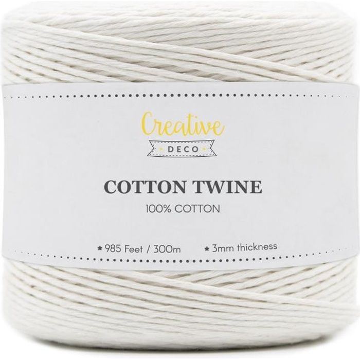 Corde Macramé - Coton - 3mm x 300m - Blanche - Ficelle de 12 Plis