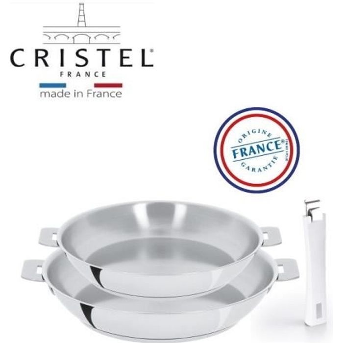 LOT DE 2 POELES HAUTES EN INOX 24 ET 28 CM MUTINE + POIGNEE AMOVIBLE BLANCHE - CRISTEL