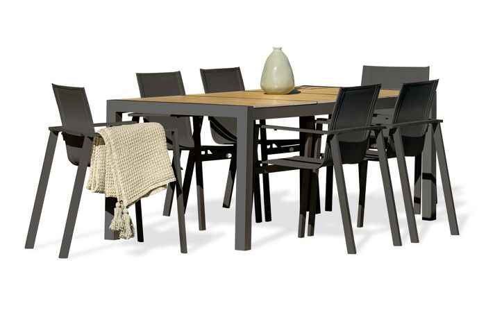 Ensemble repas de jardin 6 places avec plateau céramique effet bois