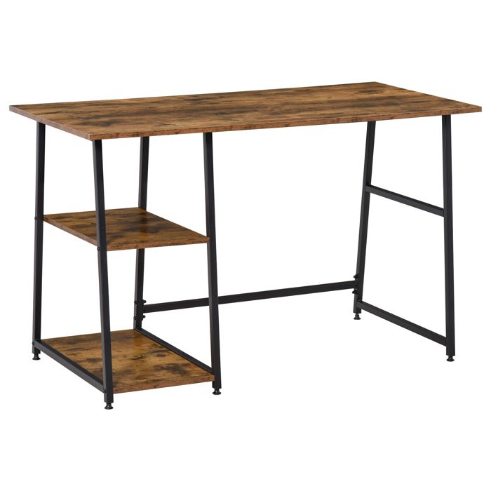 Bureau informatique design industriel 2 étagères panneaux particules aspect vieux bois acier noir
