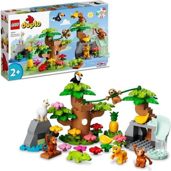 LEGO 10973 DUPLO Animaux Sauvages d’Amérique du Sud, Jouet Tapis de Jeu, Figurines de Crocodile, Singes et Jaguar, Enfants 2 Ans