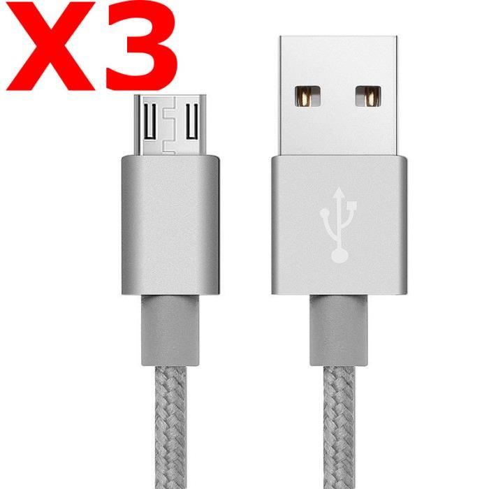 X3 Câble Metal Nylon Renforcé Chargeur USB/Micro USB 1,5m Tréssé Couleur Argent Compatible Samsung LG Sony Wiko Blackberry Motorola