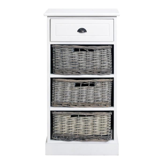 Mobili Rebecca® Chiffonier Meuble 3 Paniers 1 Tiroir URBAN Bois Osier Blanc Vintage Chambre Bain