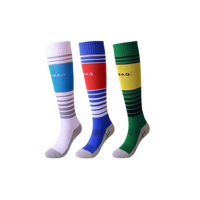 Lot de 3 Paires Chaussettes de Football Enfant Chaussettes de Sport Protection Respirantes Antidérapant - Blanc bleu vert