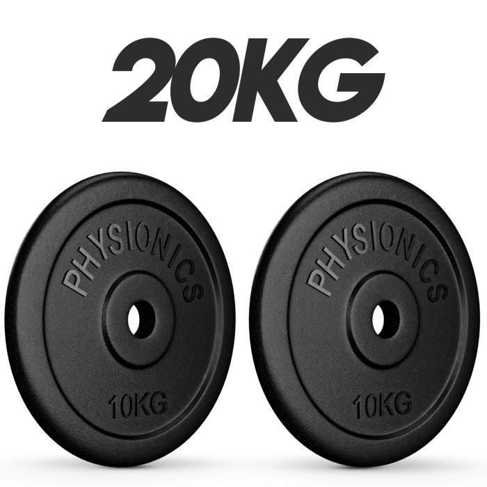 Physionics® Set de Disques de Poids - 2x10 kg, en Fonte, Ø30mm, pour Barre Longue/Courte - Ensemble de Plaques de Poids, Musculation