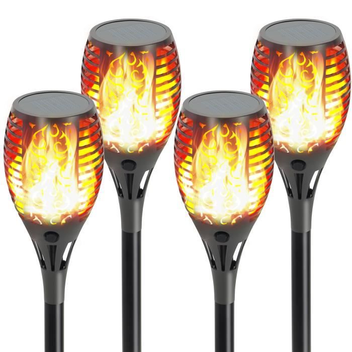 Lumières Flamme Solaire, IP65 Étanche Torche Solaire Flammes Lampe, Sécurité Flamme Solaire Exterieur Décoration, Auto ON-OFF