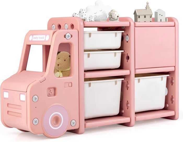 Étagère De Rangement Enfant En Forme De Camion Rose - Avec 4 Bacs Et Cabinet, HDPE Sécuritaire