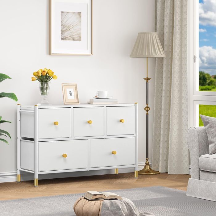 meuble de rangement blanc - commode cuir - 5 tiroirs tissu - dessus bois - grand espace de rangement - chambre salon