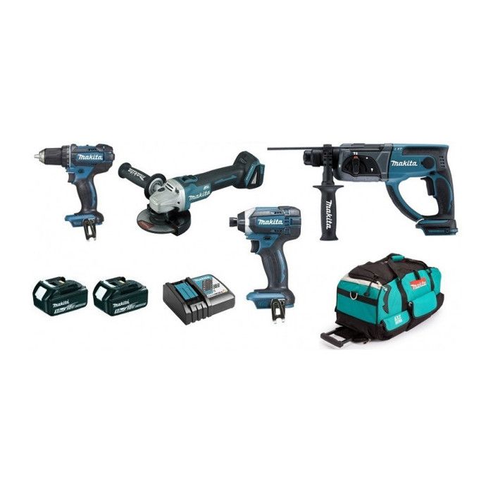 Pack Makita Premium 4 machines 18V 5Ah: Perceuse DDF482 + Meuleuse DGA504 + Perfo DHR202 + Visseuse DTD152 + 2 batt + sac