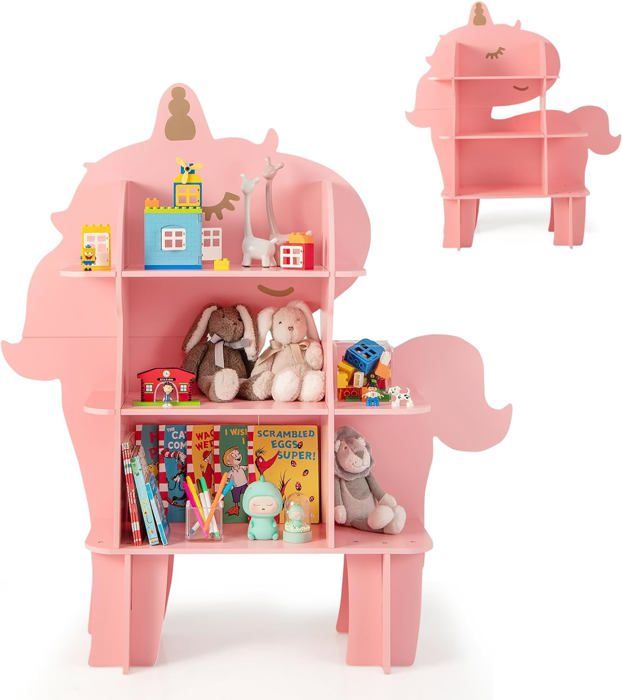 GOPLUS Bibliothèque Enfant-Etagères Ouvertes avec Kits Anti-Renversement-Organisateur de Jouets Forme Licorne Rose