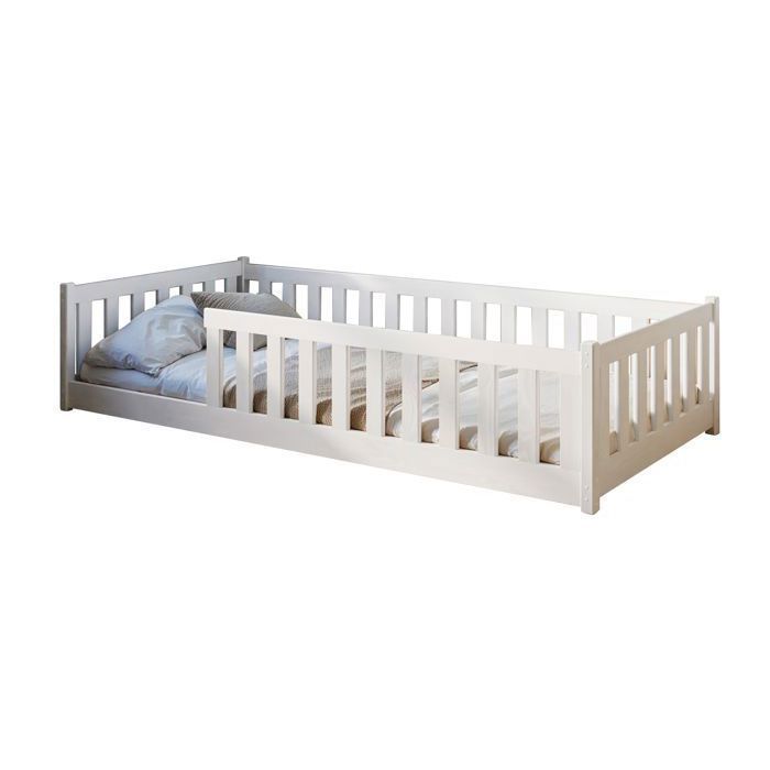 Lit au sol enfant 80x160 cm - Avec matelas + sommier + barrière de lit - Lit pour enfant Montessori - En pin massif - Blanc
