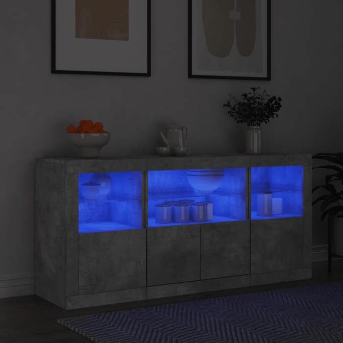 Buffet-Meuble de rangement avec lumières LED gris béton 1425x37x67 cm