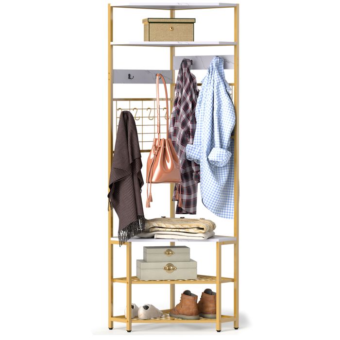 GOPLUS Porte-Manteau dAngle H.183 5CM avec Banc à Chaussures 5 Etagères de Rangement et 12 Crochets-Cadre en Métal Blanc
