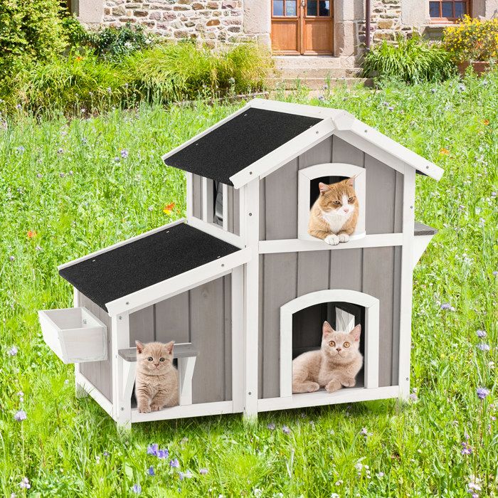 Meilleurs prix pour GOPLUS Cage pour Chats à 2 Étages, Maison pour Chats en Bois avec Toit en Asphalte, Portes d'Évasion,  Rideaux PVC, Inté/Extérieur