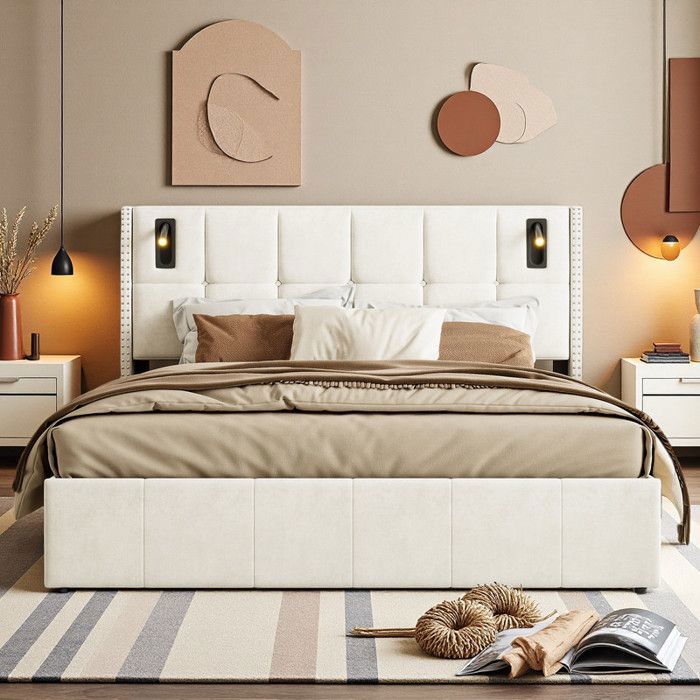 Lit Double 160x200 - Coffre LED - Rangement XXL - Éclairage Intégré - Tête de Lit Velours Beige