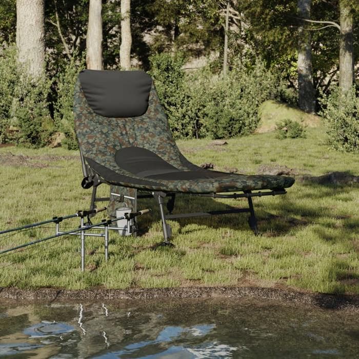 54354& Lit de pêche avec pieds à boue réglables pliable camouflage - L196 x P75 x H100 cm - tissu 100 % polyester
