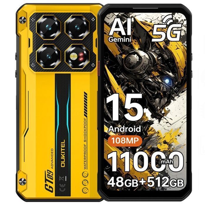 OUKITEL WP60 Smartphone Incassable 5G 48GO+512GO 10000mAh Téléphone Portable Incassable Android15 108MP 72 120Hz IP68 GPS/NFC Or
