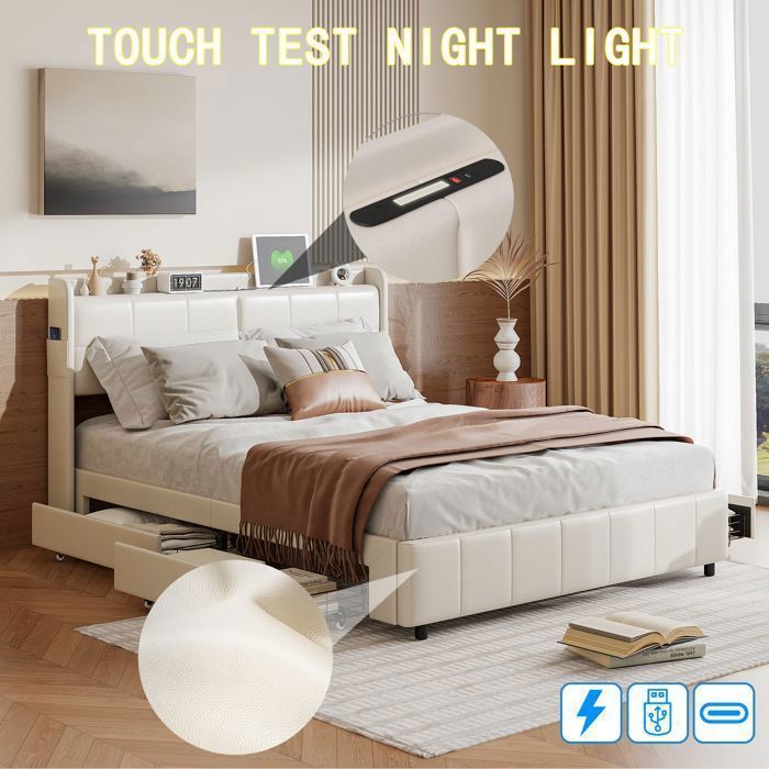 Lit Double 160x200 cm en PU Blanc Cadre de Lit avec 4 Tiroirs Tête — free download