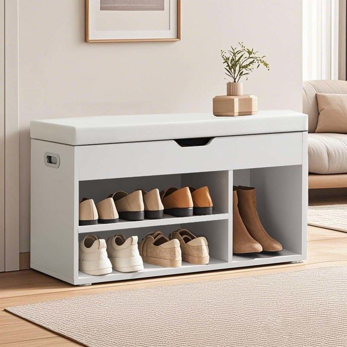 Banc à Chaussures - Blanc Nuage - 3 Compartiments - Rembourré - Charge 136 kg - Rangement Caché