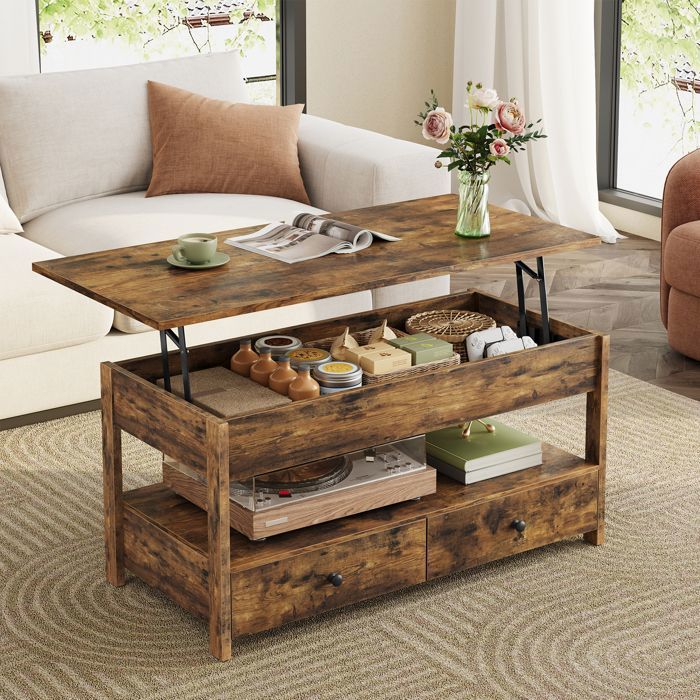 Table Basse HavenlyHome Table de Salon avec Plateau Relevable2 Tiroirs Rangement et Compartiment Caché 49x104x46 à 62 cm Marron