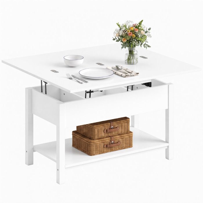 Table basse relevable - HOMCOM - plateau pliant compartiment et étagères - MDF - 100x45x50 5cm - blanc Table basse relevable - HOMCOM - plateau pliant compartiment et étagères - MDF - 100x45x50 5cm - blanc
