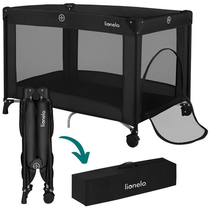 Lit parapluie 2en1 LIONELO Amelie - Parc bébé - 100 x 70 cm - Roulettes - 0-36 mois - Sac inclus - Noir