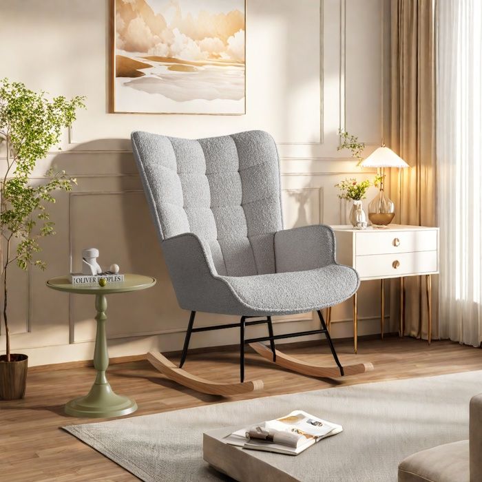 Fauteuil à Bascule Rocking Chair en Velours Teddy Chaise dallaitement avec Coussin Structure en Acier et Pieds en Bois Gris