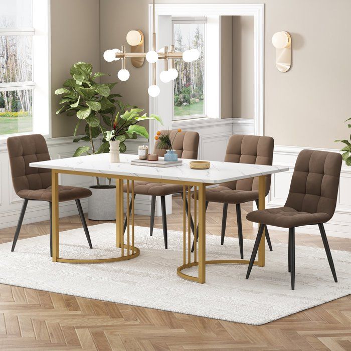 Ensemble Table et Chaises - OEM - Table de Cuisine - 4 Chaises en Velours - Pieds Métal - Marron