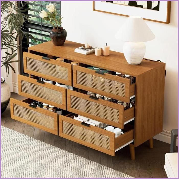 Commode 6 Tiroirs Noyer - Sideboard Bois Massif avec Poignées Métal 120x76.5x40 cm