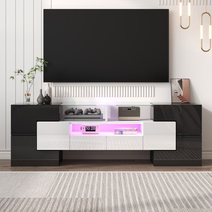 Meuble TV Maisentiel 170x30x39 cm laqué noir avec pieds blancs design contrasté et grand rangement