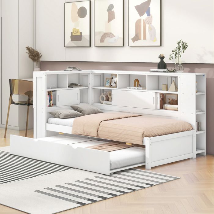 Lit Coffre 90 x 200 cm avec Rangement et USB Lit Enfant avec 90x190cm Lit Gigogne Tête de lit Multifonctionnelle et Lattes Blanc