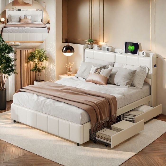 Lit double 160×200 cm - RAVAS - Dossier rembourré - Port USB - 4 tiroirs - Sommier à lattes - PU - Blanc - Style moderne