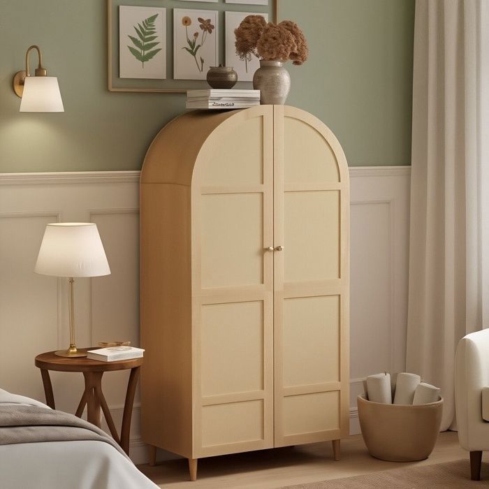 Armoire 80x50x179cm - Porte en Rotin Arqué - Tringle & Tiroir Inclus - Style Boho Chic - Bois Naturel