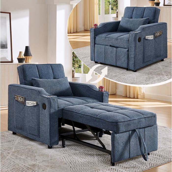 Fauteuil Convertible Lit 1 Place - Lit banquette 3-en-1 avec USB. coulissant. bois et tissu - gris foncé bleu marine