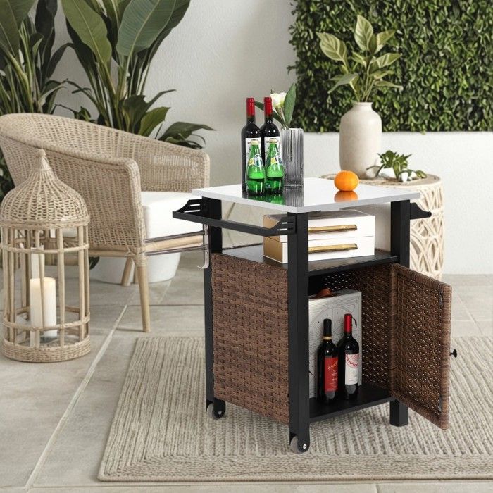 Desserte de cuisine extérieure - LANGTU - Chariot de bar en rotin - Plateau inox - Sur roulettes - Armoire fermée