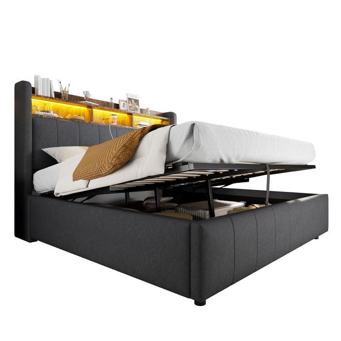 Lit Coffre 160x200 cm Lit Double avec Ports USB Intégrés et Coffre Hydraulique Tissu Lin - Gris - Sans Matelas