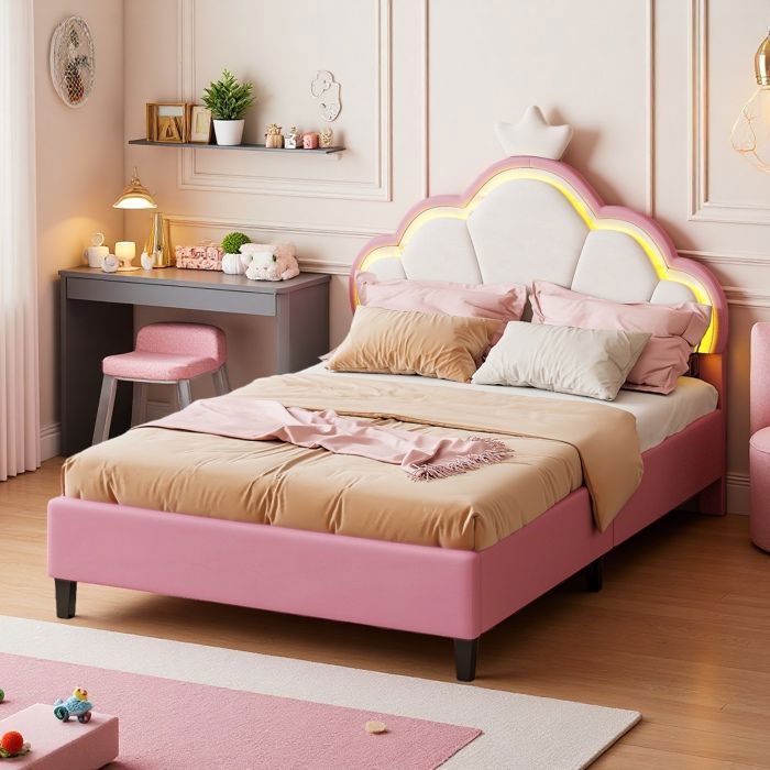 Lit enfant - Couronne Rose 140x200 - Tête capitonnée velours - LED RGB 6000 couleurs - Hauteur réglable
