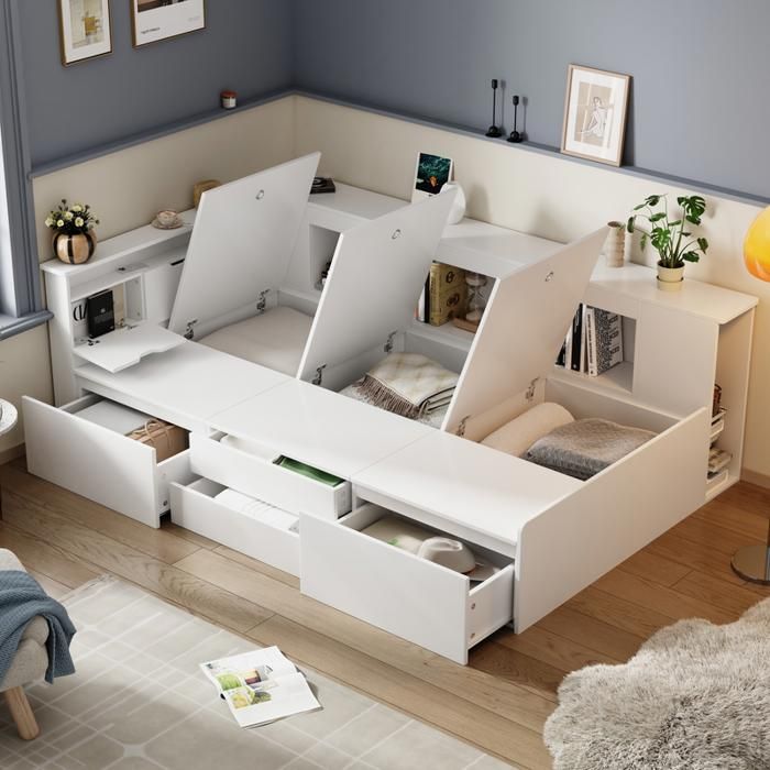 Lit Simple 90x200 avec tiroirs et bibliothèque Lit Enfant avec Armoire de Rangement et sommier à Lattes Blanc (Sans Matelas)