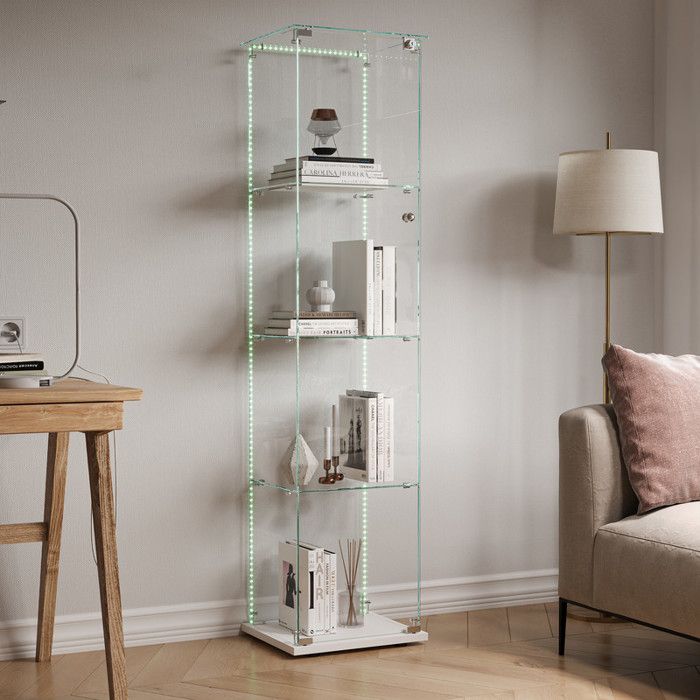 Vitrine avec Portes en Verre 4 Étagères avec LED 1 Porte Vitrine pour Collections Transparent vitrine pour Salon et Bureau Blanc