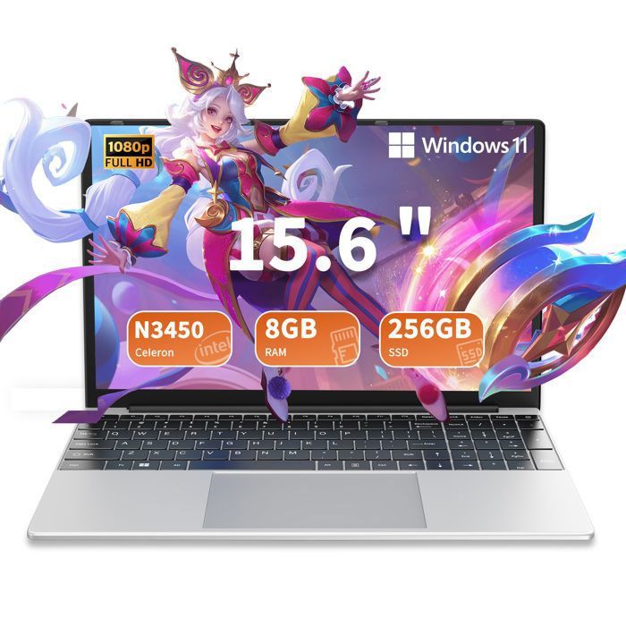Ordinateur Portable 15.6 Intel Celeron N3450 8Go RAM 256Go SSD Windows 11 Pro - Idéal pour le travail les études et la maison