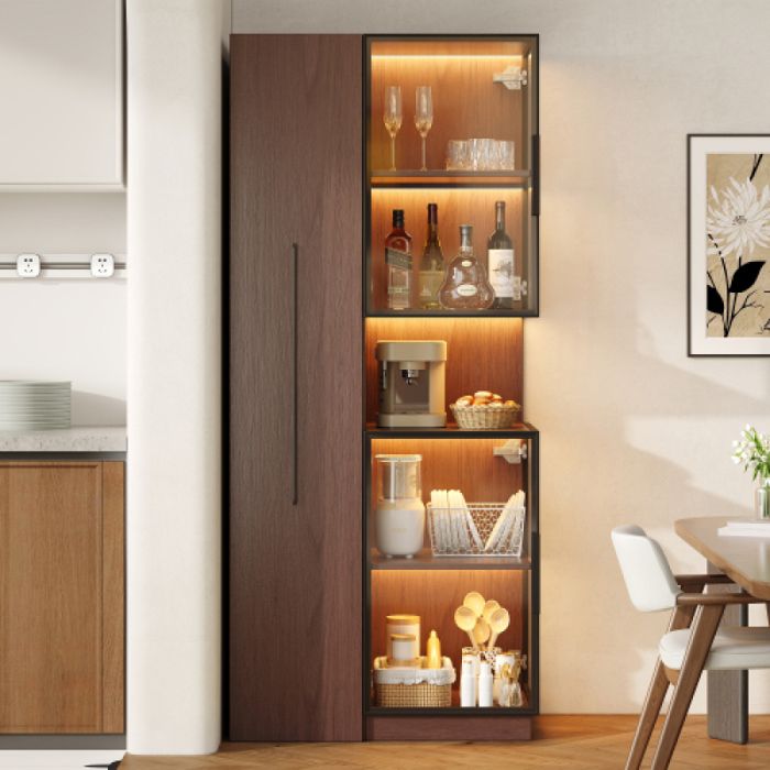 Vitrine de salon en bois noyer MDF 70×38×160cm plateau extensible double vitre LED
