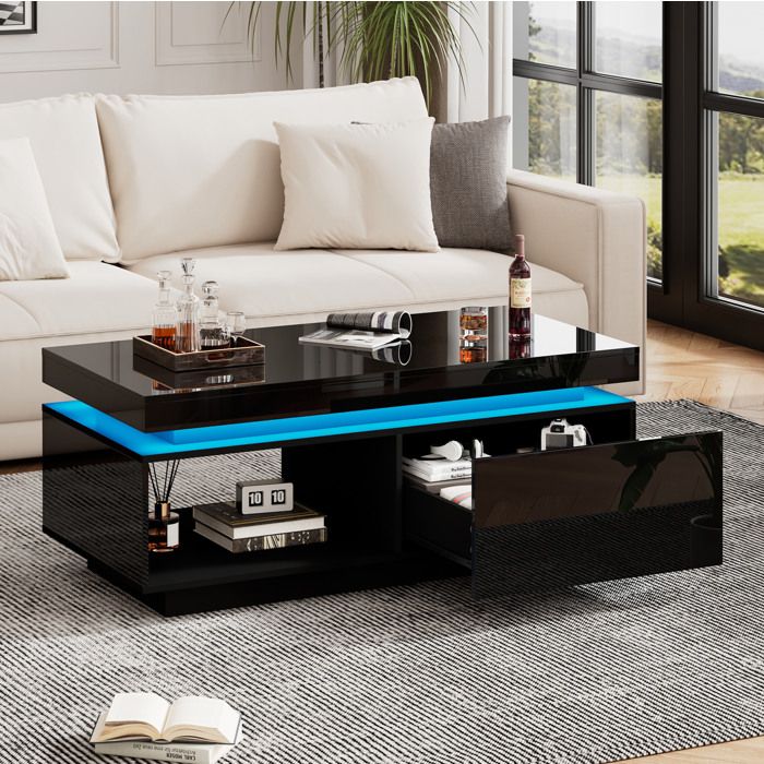 Table basse noire laquée brillante avec LED et tiroir de rangement
